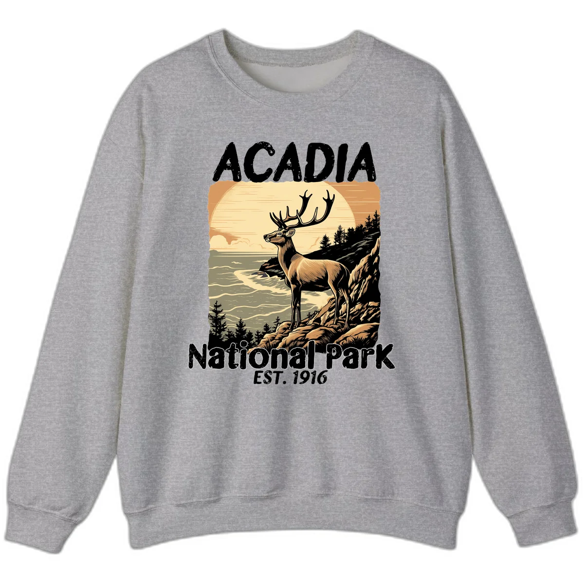 Vintage illustration of a deer with antlers standing on rocky cliffs overlooking Acadia National Park's ocean and forests at sunset in Sport Grey