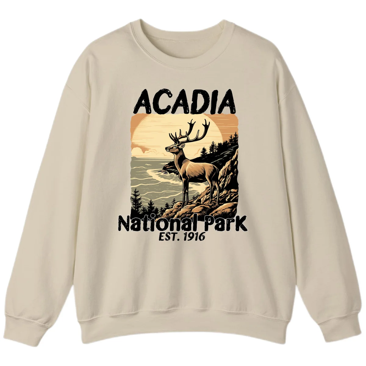 Vintage illustration of a deer with antlers standing on rocky cliffs overlooking Acadia National Park's ocean and forests at sunset in Sand