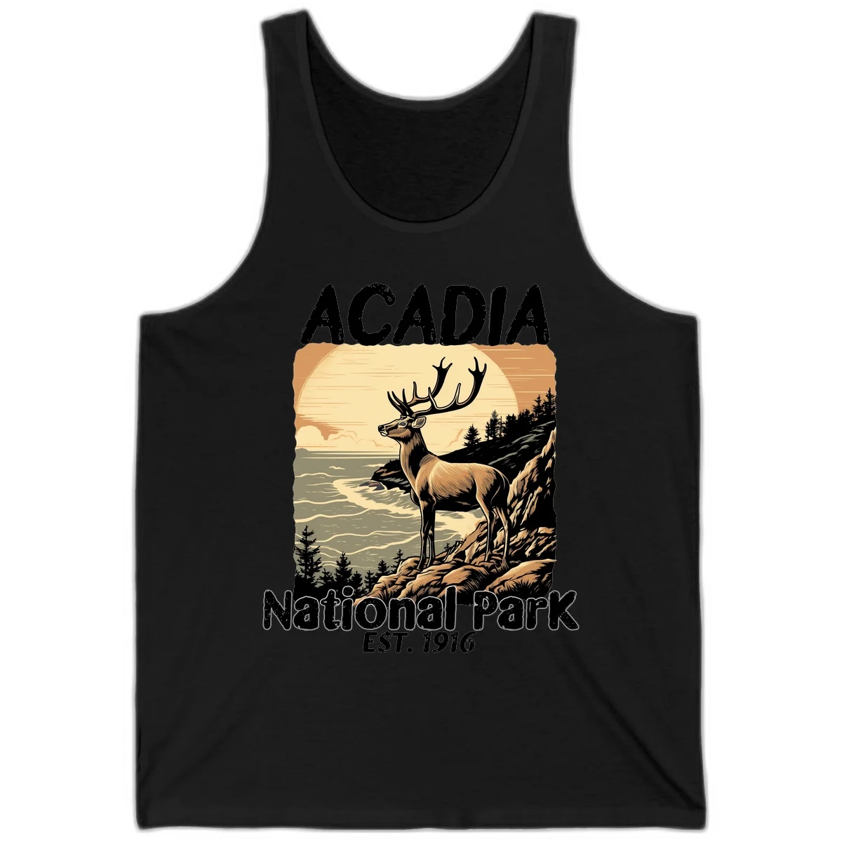 Vintage illustration of a deer with antlers standing on rocky cliffs overlooking Acadia National Park's ocean and forests at sunset in Black