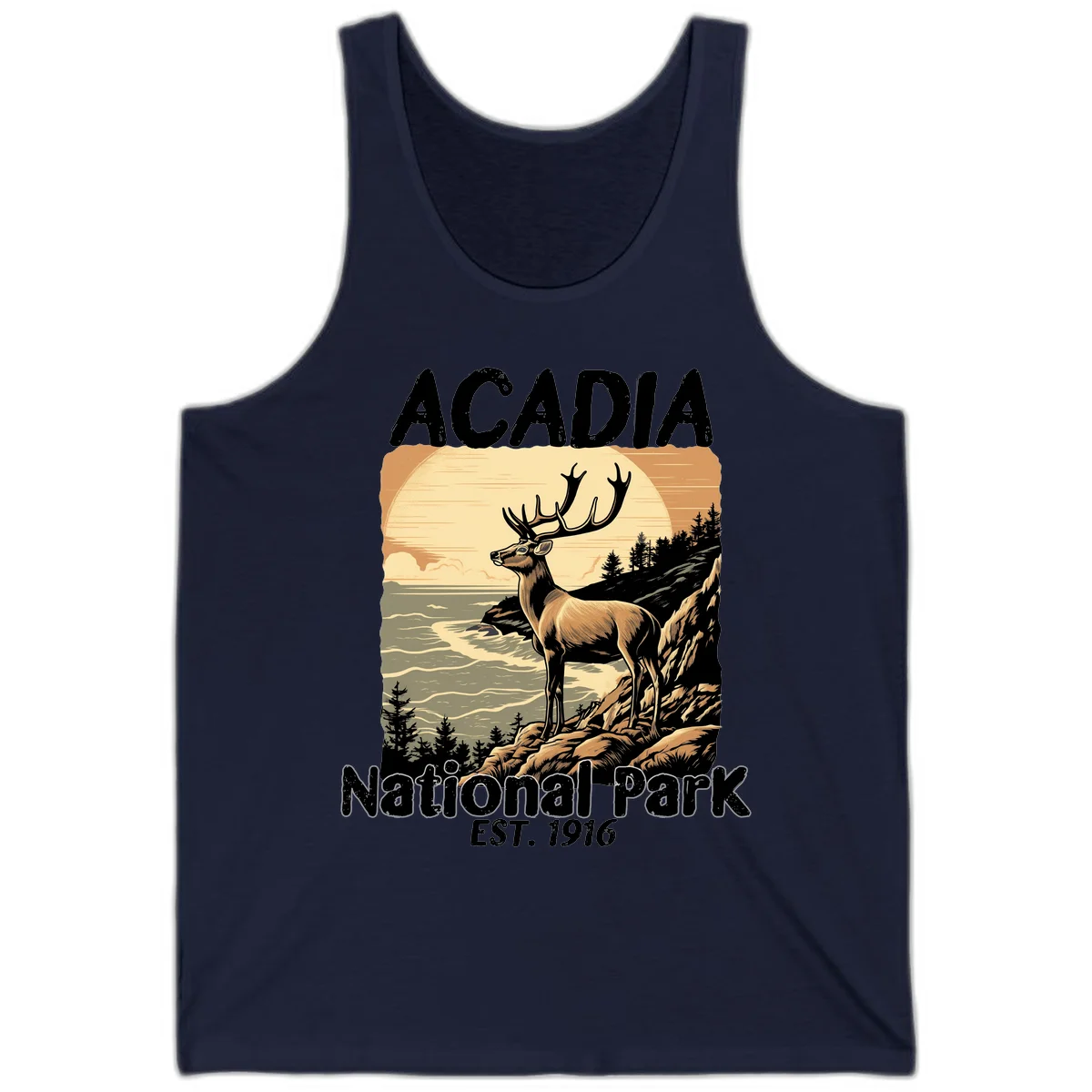 Vintage illustration of a deer with antlers standing on rocky cliffs overlooking Acadia National Park's ocean and forests at sunset in Navy