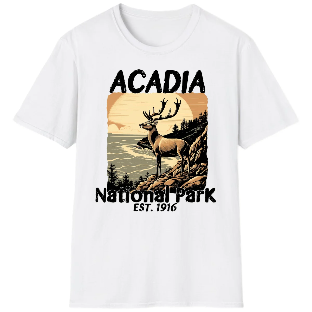 Vintage illustration of a deer with antlers standing on rocky cliffs overlooking Acadia National Park's ocean and forests at sunset in White