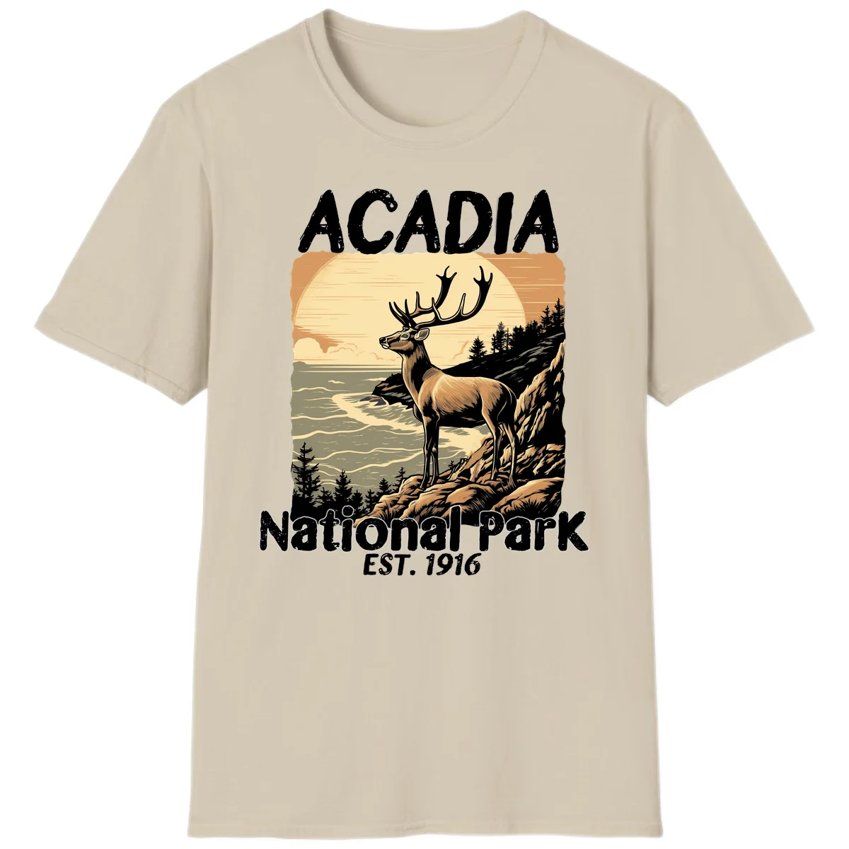 Vintage illustration of a deer with antlers standing on rocky cliffs overlooking Acadia National Park's ocean and forests at sunset in Sand