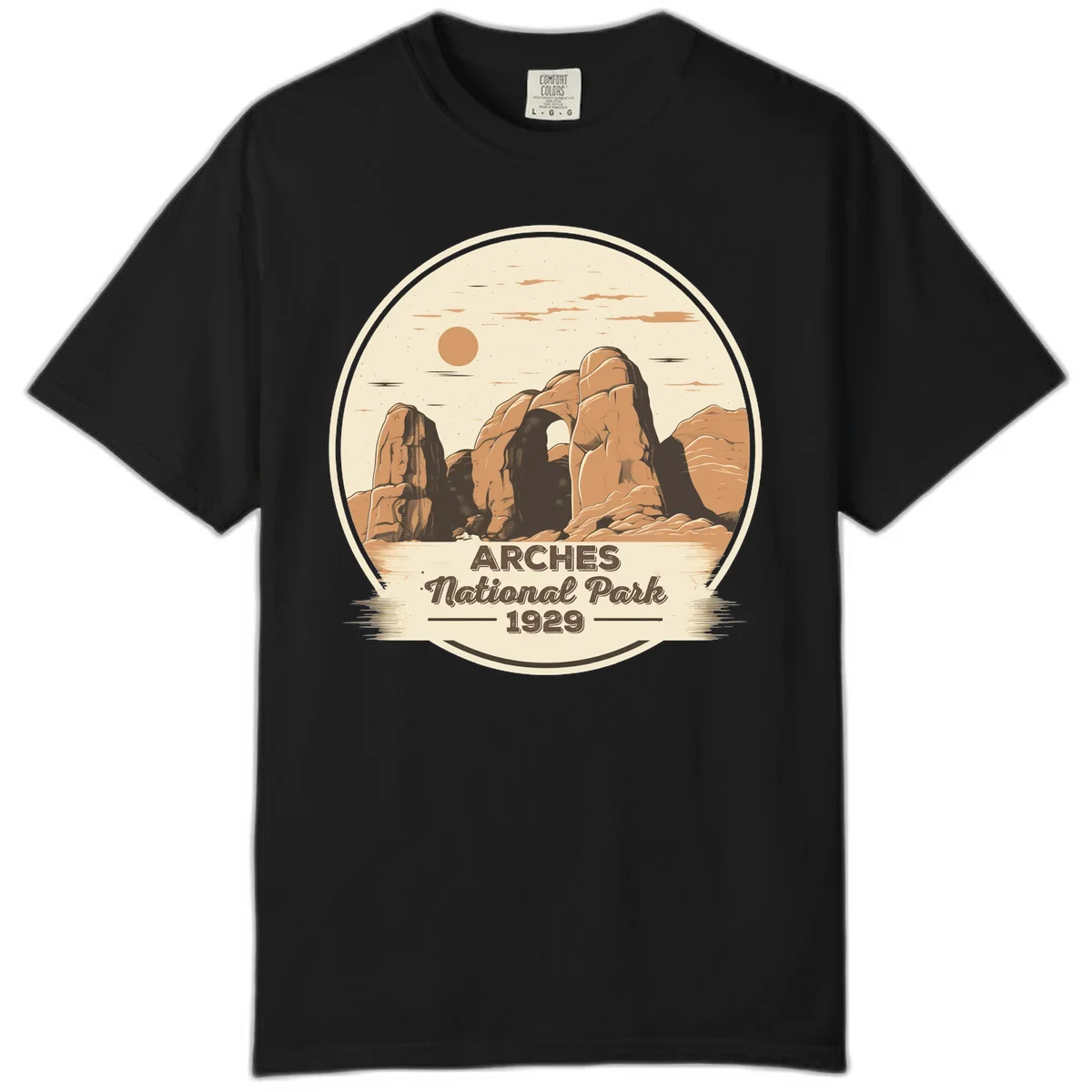 Vintage Arches National Park 1929 badge illustration with iconic natural arch rock formation in desert landscape in Black