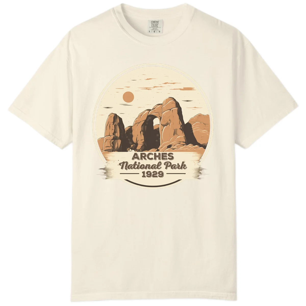 Vintage Arches National Park 1929 badge illustration with iconic natural arch rock formation in desert landscape in Ivory
