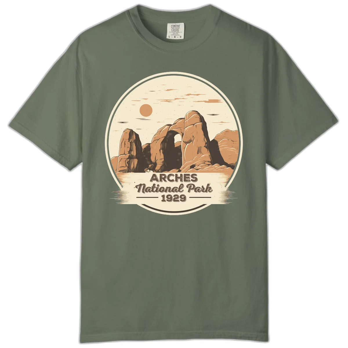 Vintage Arches National Park 1929 badge illustration with iconic natural arch rock formation in desert landscape in Moss