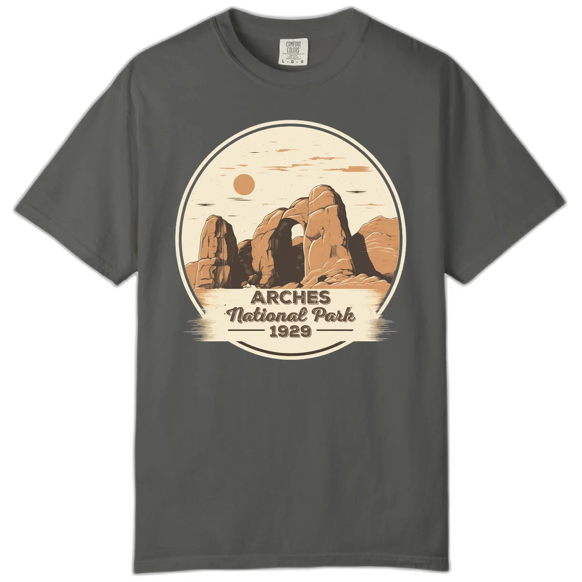 Vintage Arches National Park 1929 badge illustration with iconic natural arch rock formation in desert landscape in Pepper