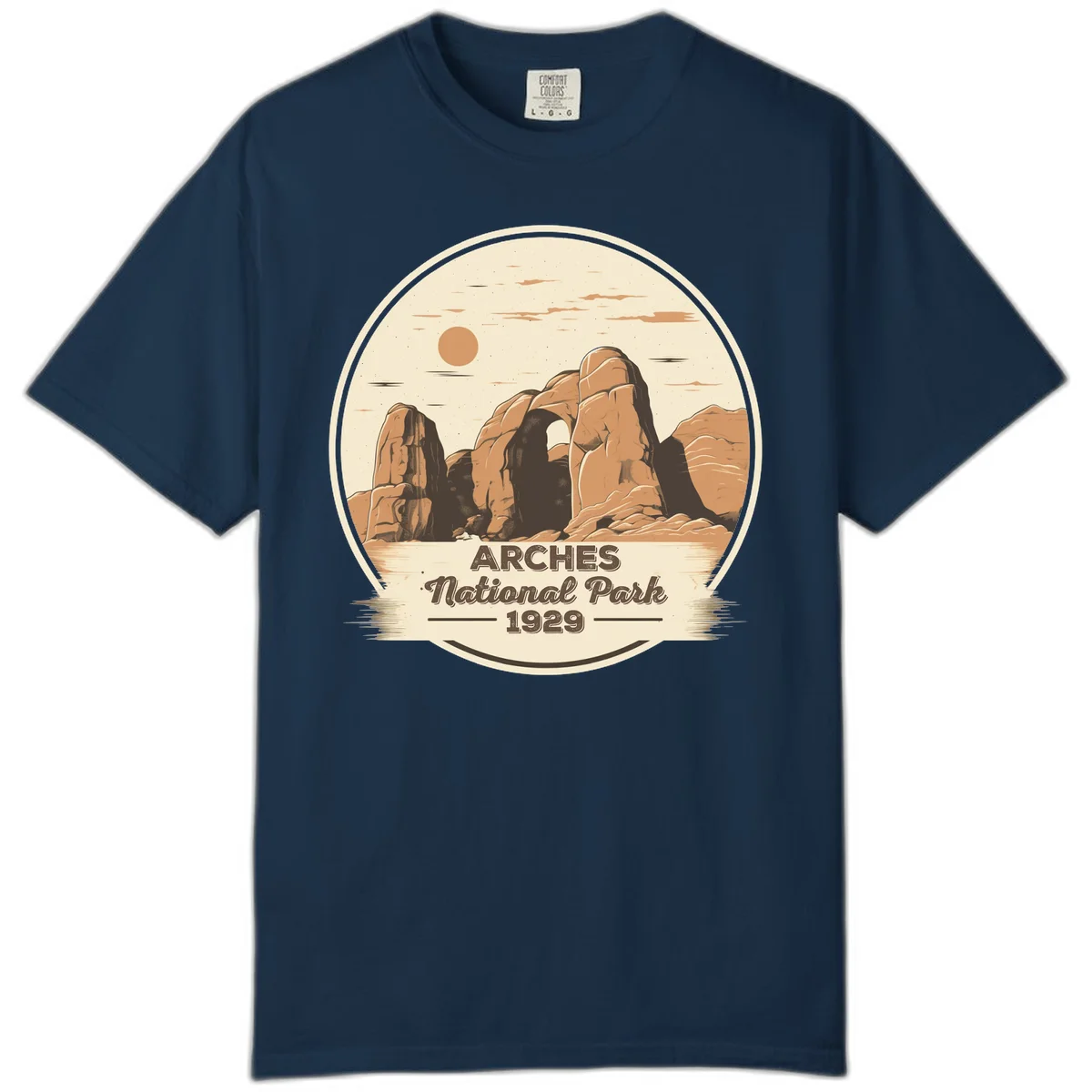 Vintage Arches National Park 1929 badge illustration with iconic natural arch rock formation in desert landscape in True Navy