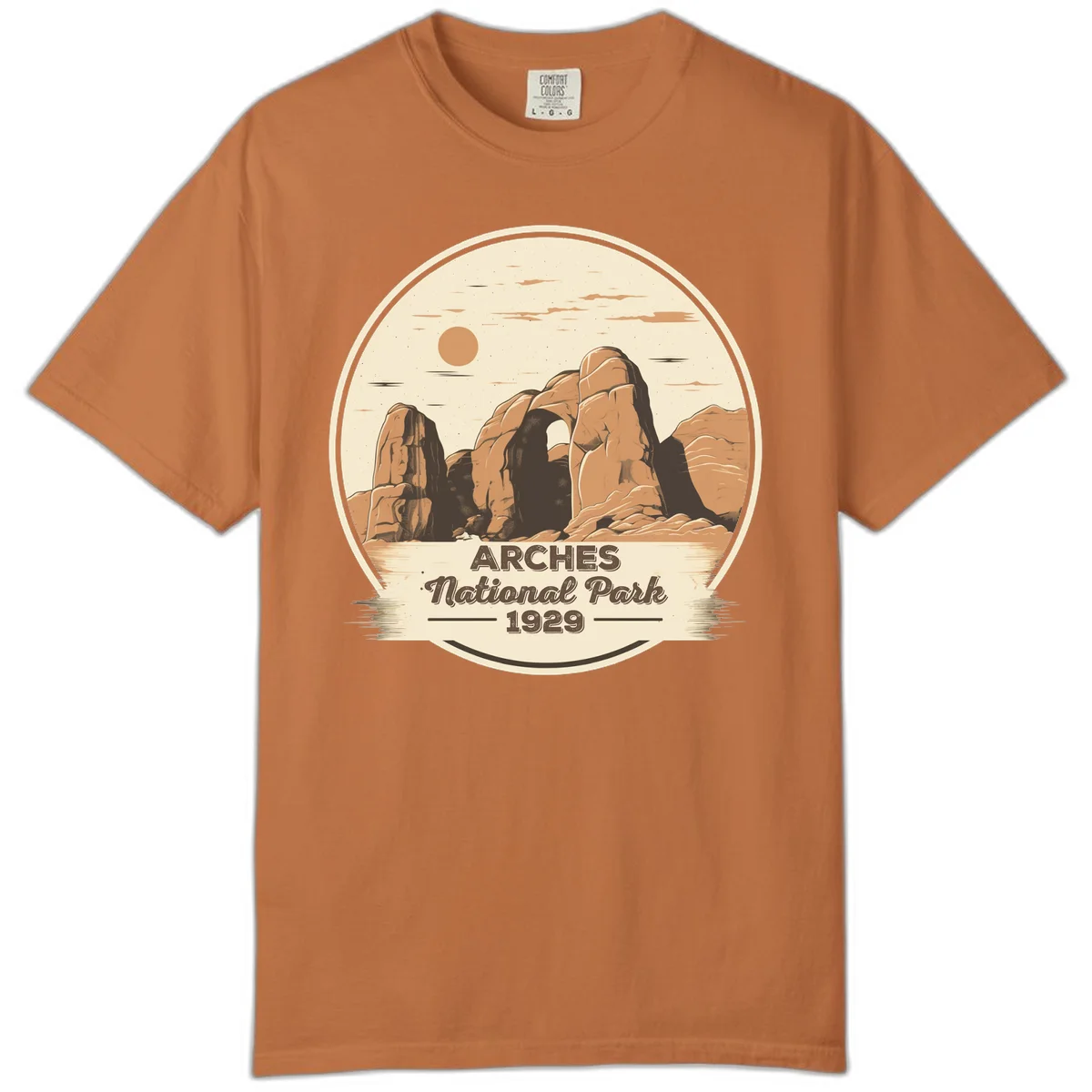 Vintage Arches National Park 1929 badge illustration with iconic natural arch rock formation in desert landscape in Yam