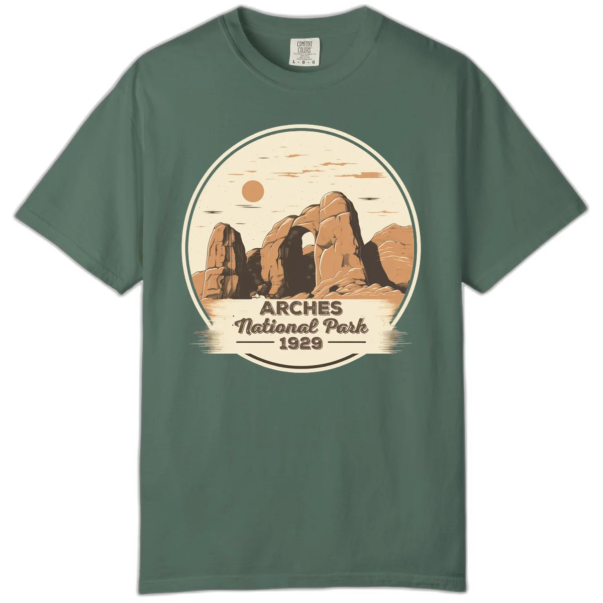 Vintage Arches National Park 1929 badge illustration with iconic natural arch rock formation in desert landscape in Blue Spruce