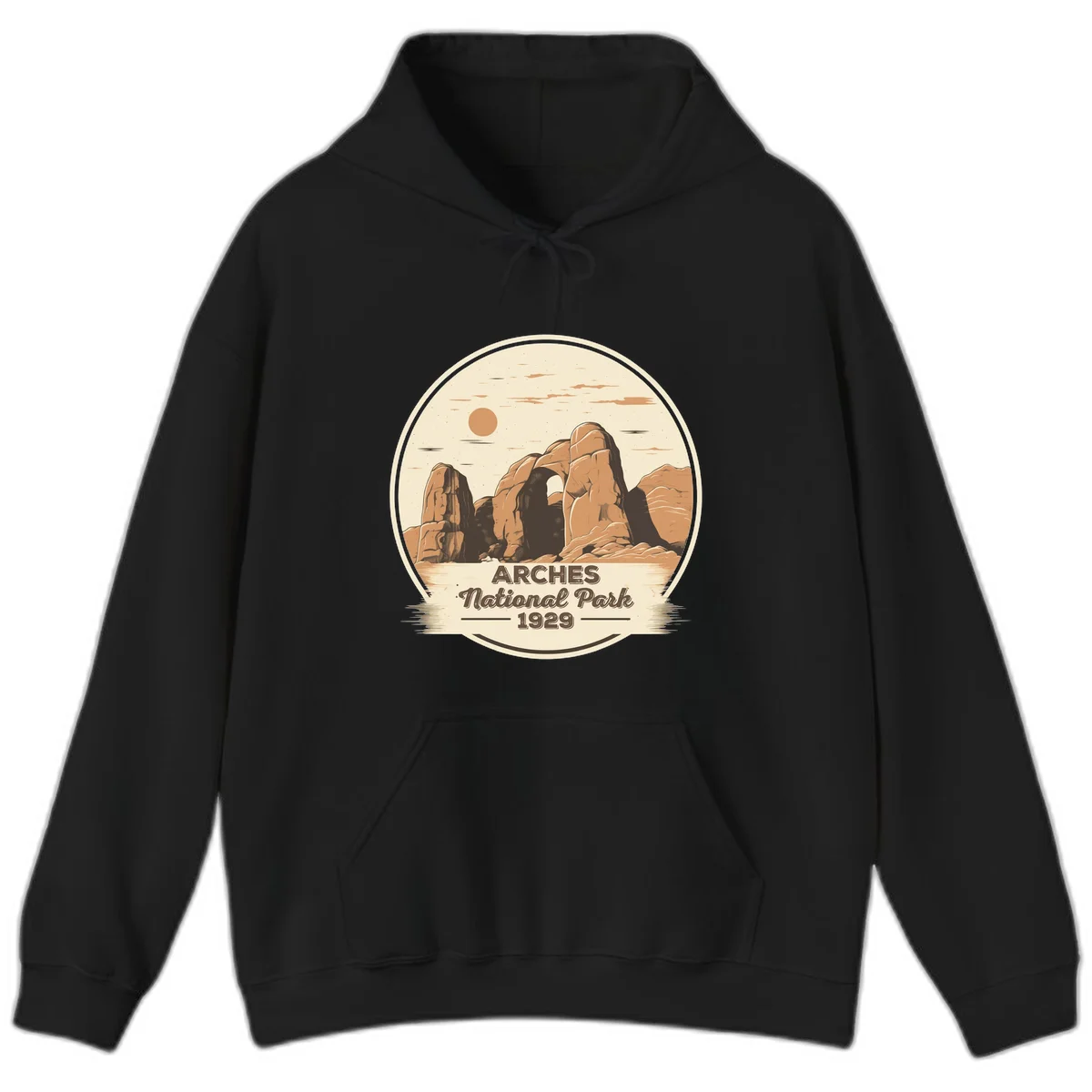 Vintage Arches National Park 1929 badge illustration with iconic natural arch rock formation in desert landscape in Black