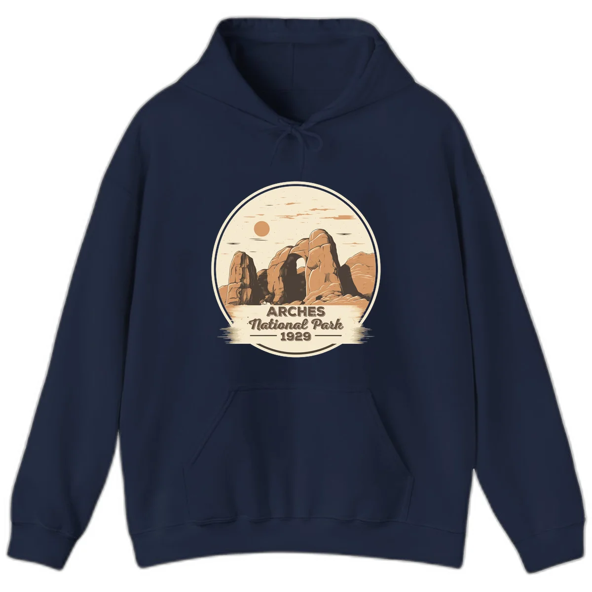 Vintage Arches National Park 1929 badge illustration with iconic natural arch rock formation in desert landscape in Navy