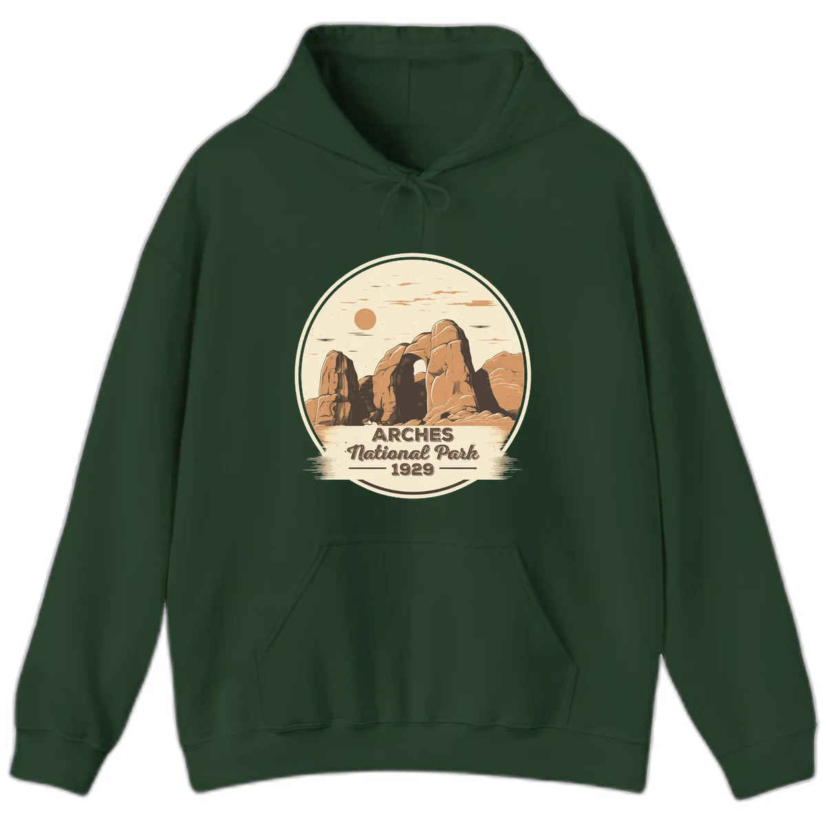 Vintage Arches National Park 1929 badge illustration with iconic natural arch rock formation in desert landscape in Forest Green