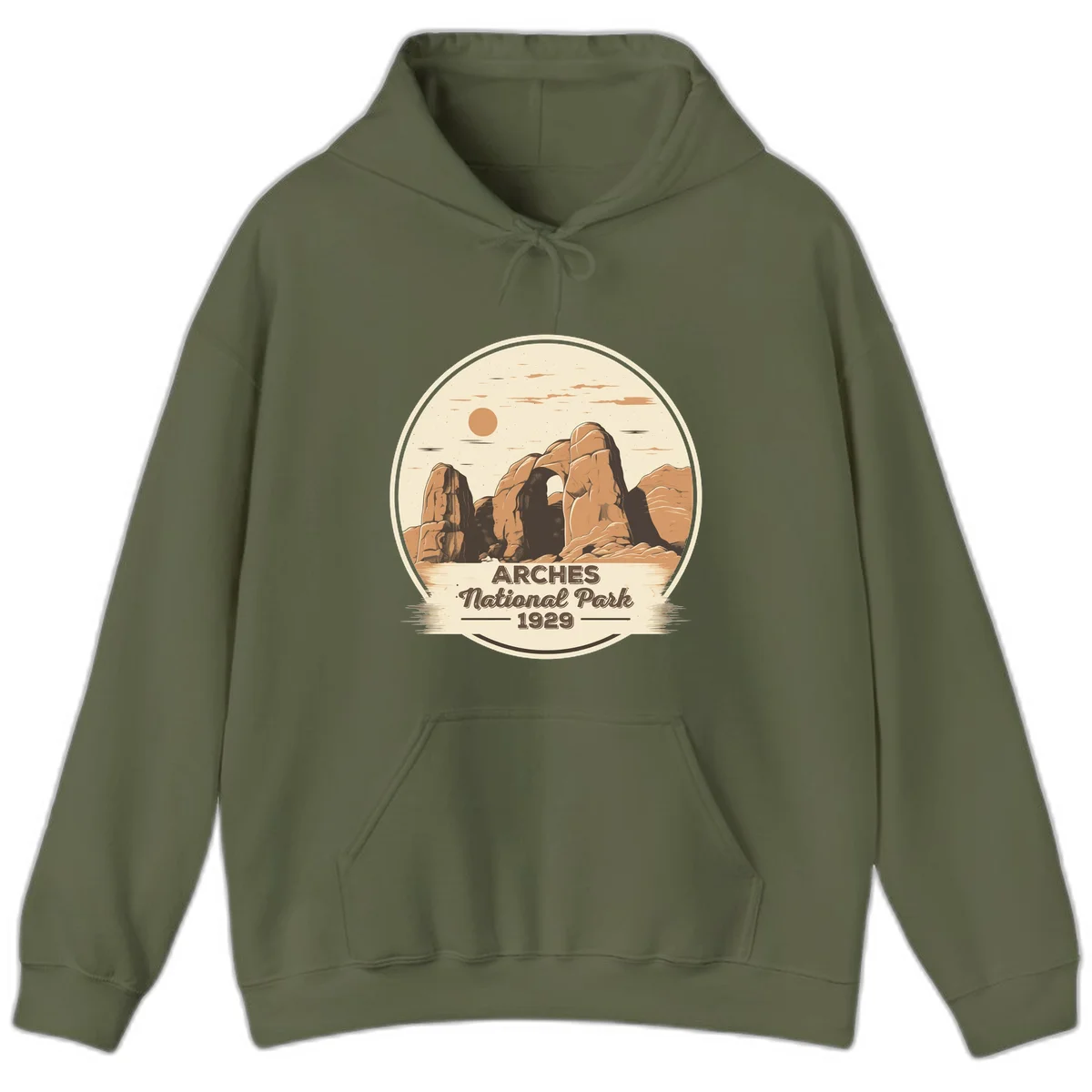 Vintage Arches National Park 1929 badge illustration with iconic natural arch rock formation in desert landscape in Military Green
