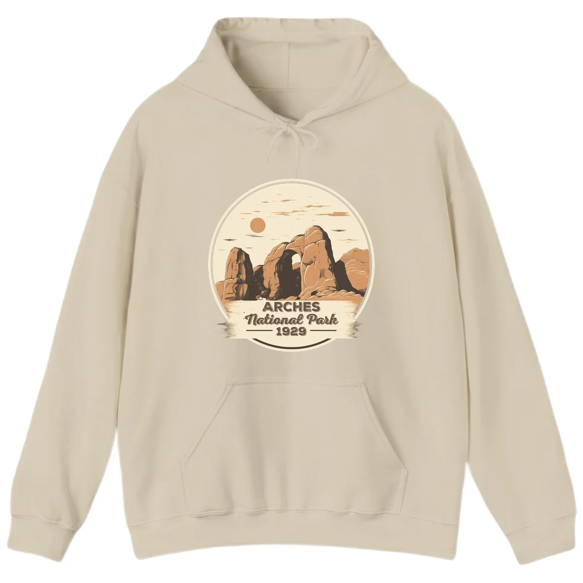 Vintage Arches National Park 1929 badge illustration with iconic natural arch rock formation in desert landscape in Sand