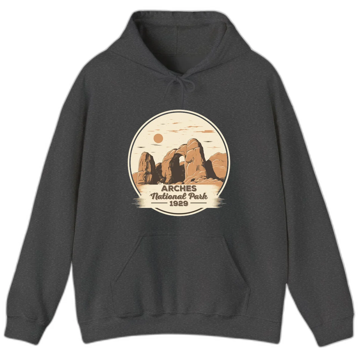 Vintage Arches National Park 1929 badge illustration with iconic natural arch rock formation in desert landscape in Dark Heather