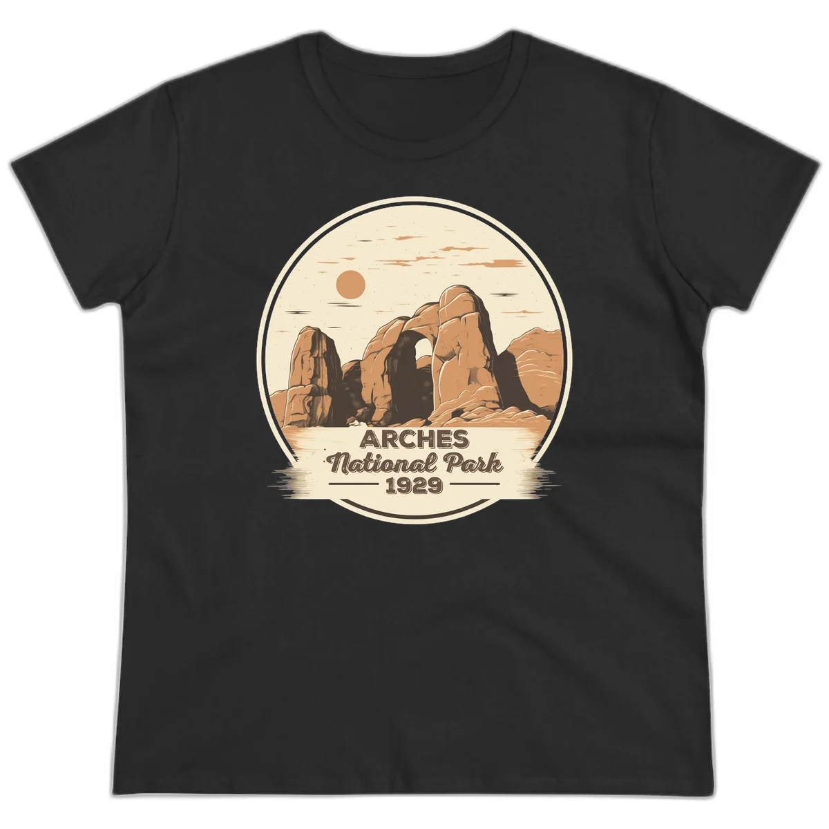 Vintage Arches National Park 1929 badge illustration with iconic natural arch rock formation in desert landscape in Black