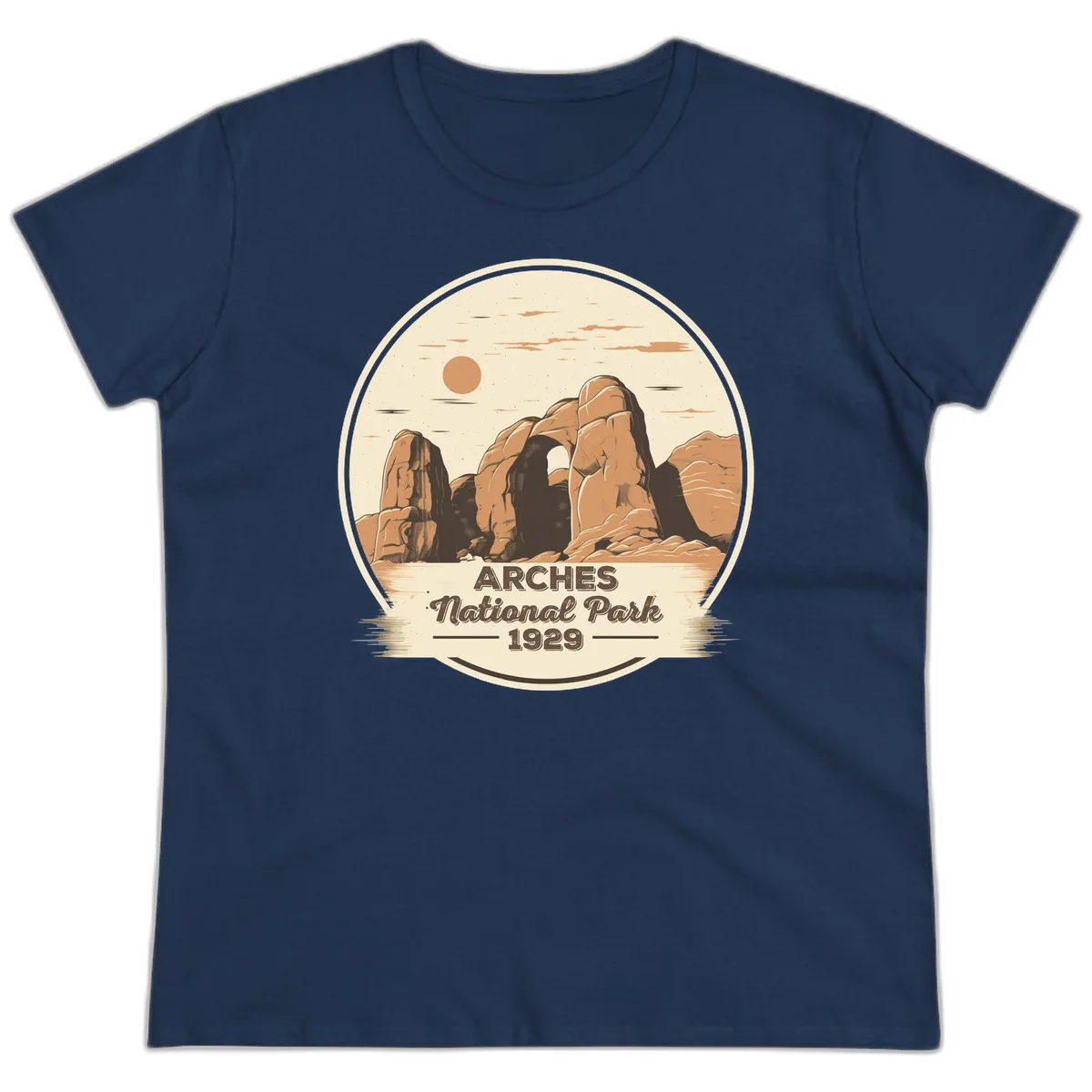 Vintage Arches National Park 1929 badge illustration with iconic natural arch rock formation in desert landscape in Navy