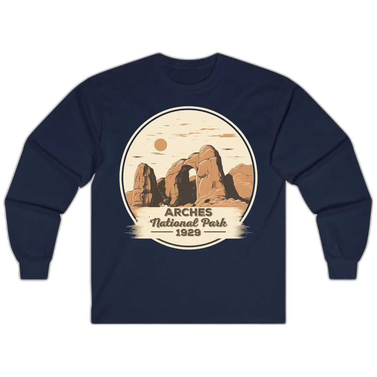 Vintage Arches National Park 1929 badge illustration with iconic natural arch rock formation in desert landscape in Navy