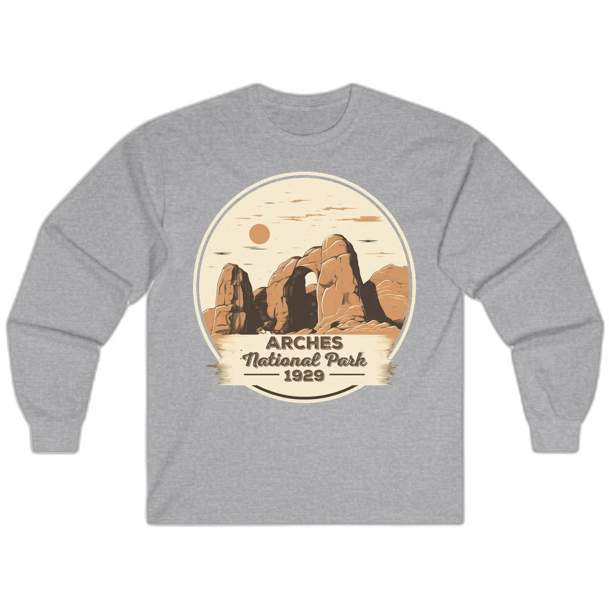 Vintage Arches National Park 1929 badge illustration with iconic natural arch rock formation in desert landscape in Sport Grey