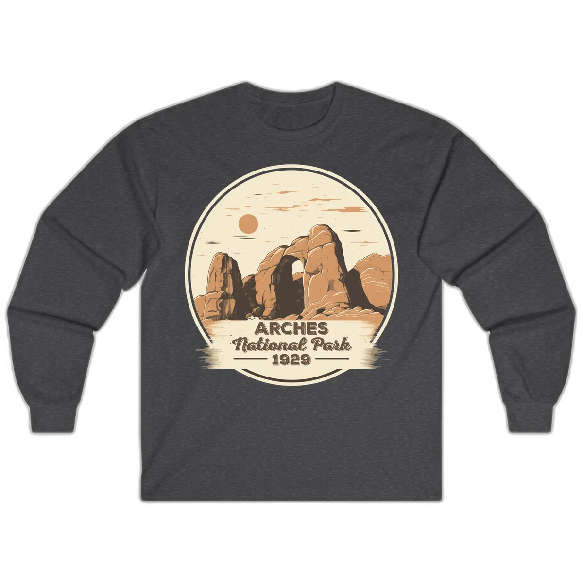 Vintage Arches National Park 1929 badge illustration with iconic natural arch rock formation in desert landscape in Dark Heather