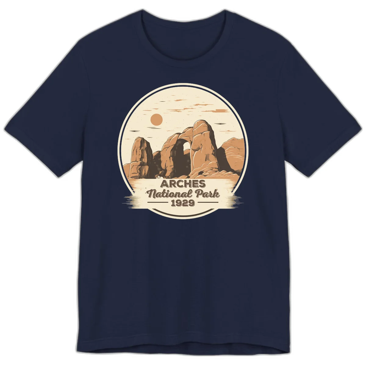 Vintage Arches National Park 1929 badge illustration with iconic natural arch rock formation in desert landscape in Navy