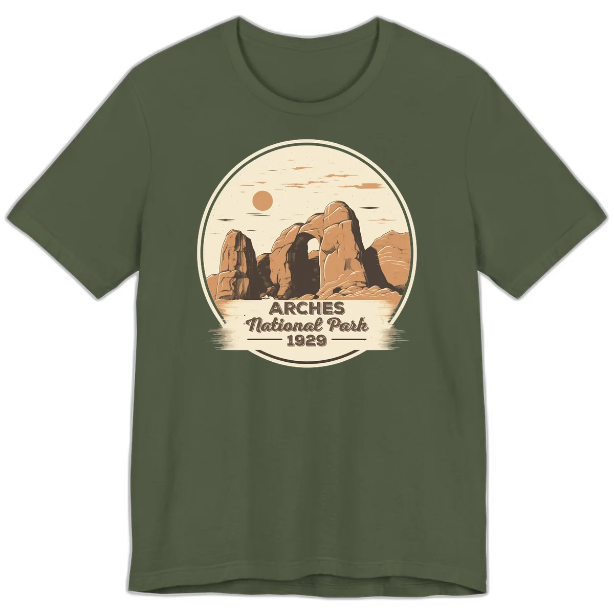 Vintage Arches National Park 1929 badge illustration with iconic natural arch rock formation in desert landscape in Military Green