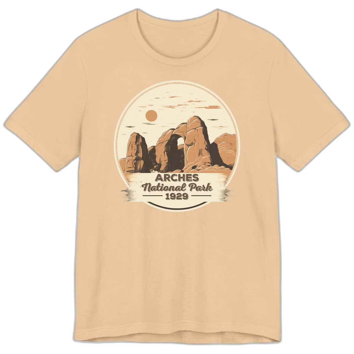 Vintage Arches National Park 1929 badge illustration with iconic natural arch rock formation in desert landscape in Sand Dune