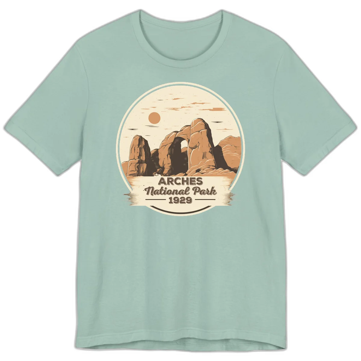 Vintage Arches National Park 1929 badge illustration with iconic natural arch rock formation in desert landscape in Dusty Blue