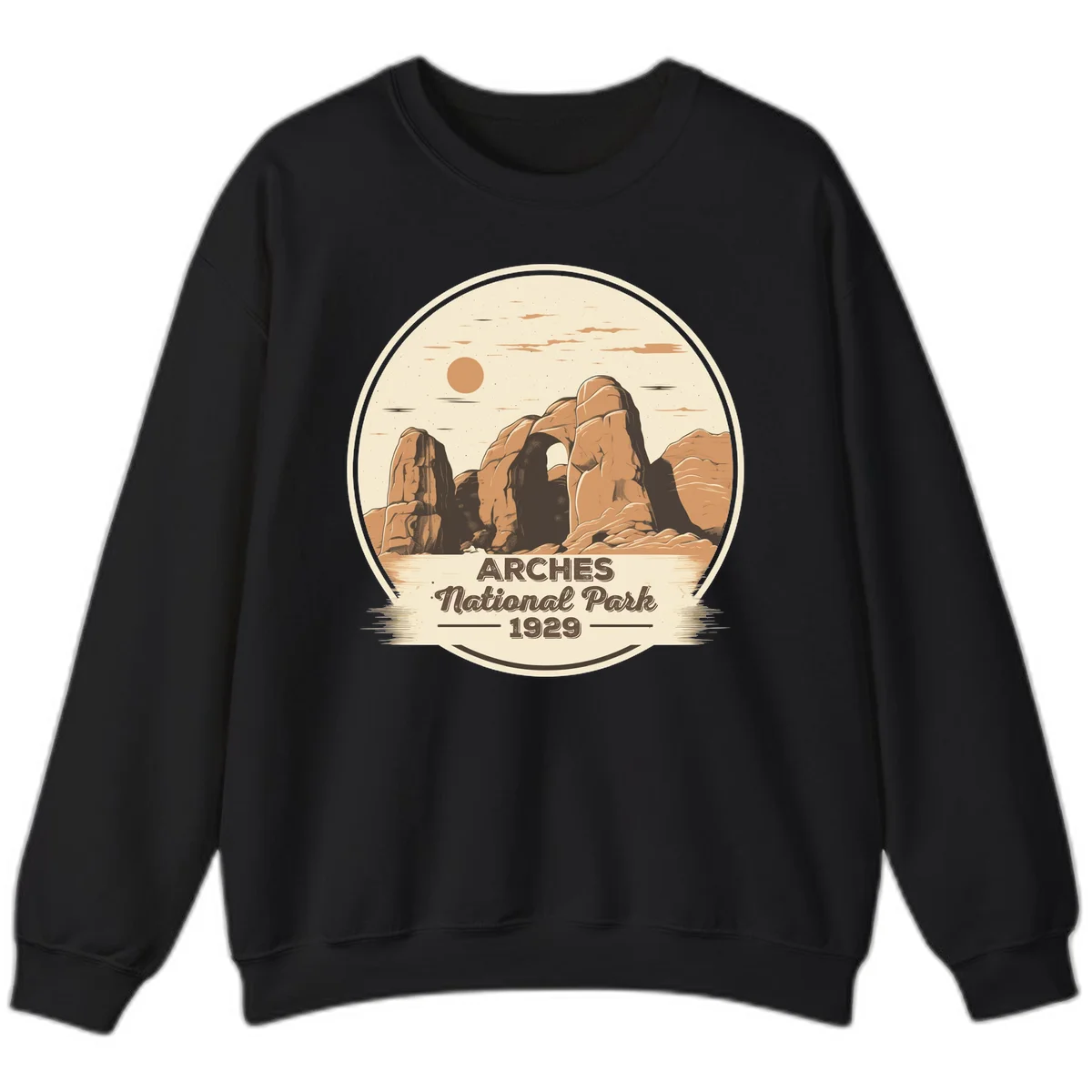 Vintage Arches National Park 1929 badge illustration with iconic natural arch rock formation in desert landscape in Black