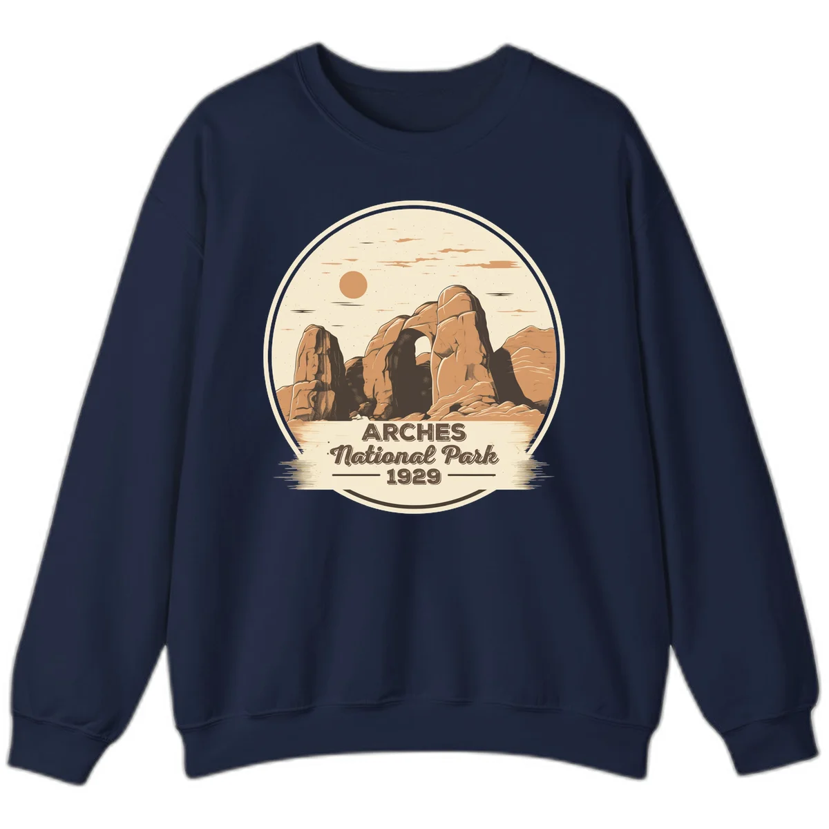 Vintage Arches National Park 1929 badge illustration with iconic natural arch rock formation in desert landscape in Navy