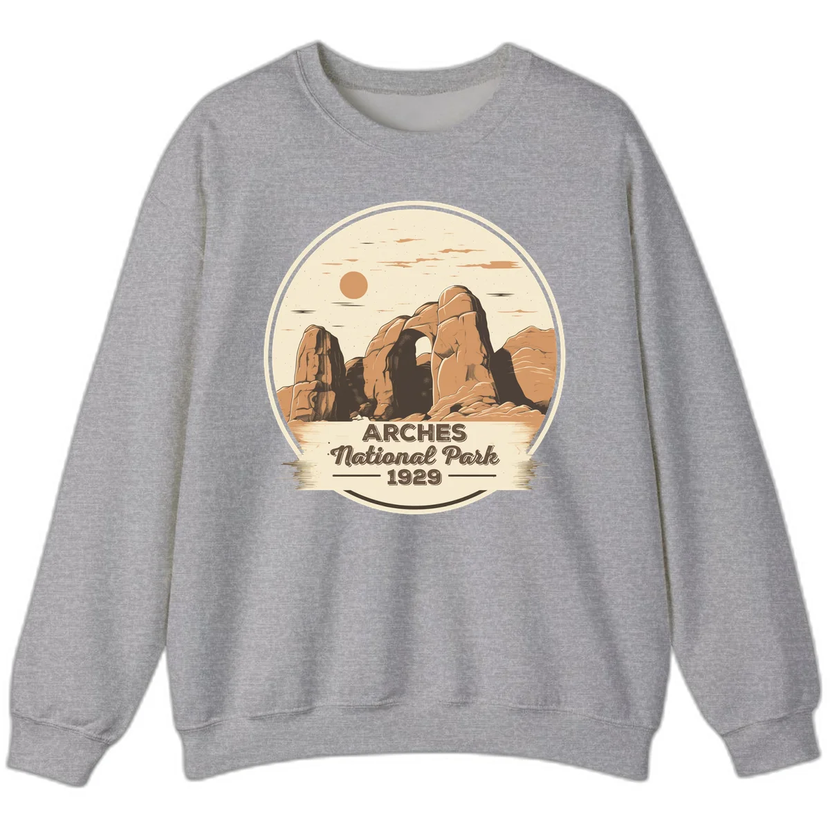 Vintage Arches National Park 1929 badge illustration with iconic natural arch rock formation in desert landscape in Sport Grey