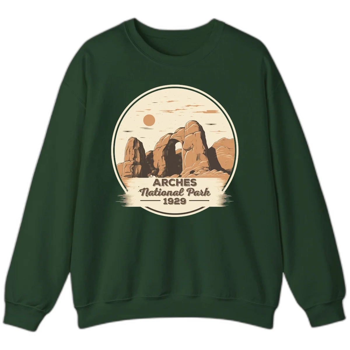 Vintage Arches National Park 1929 badge illustration with iconic natural arch rock formation in desert landscape in Forest Green