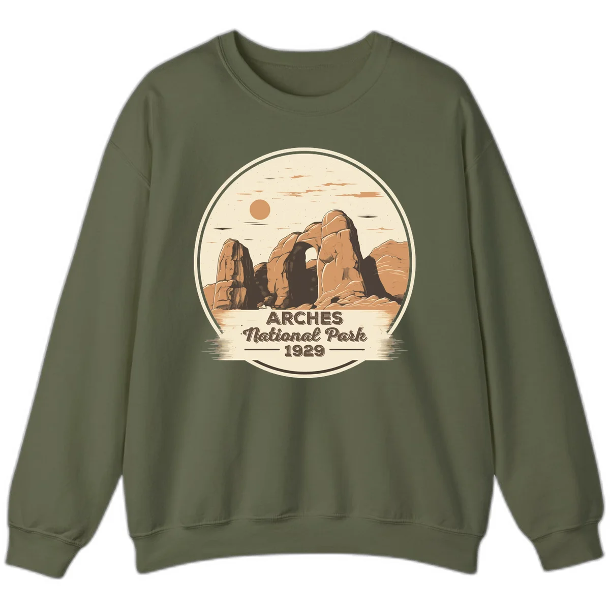 Vintage Arches National Park 1929 badge illustration with iconic natural arch rock formation in desert landscape in Military Green