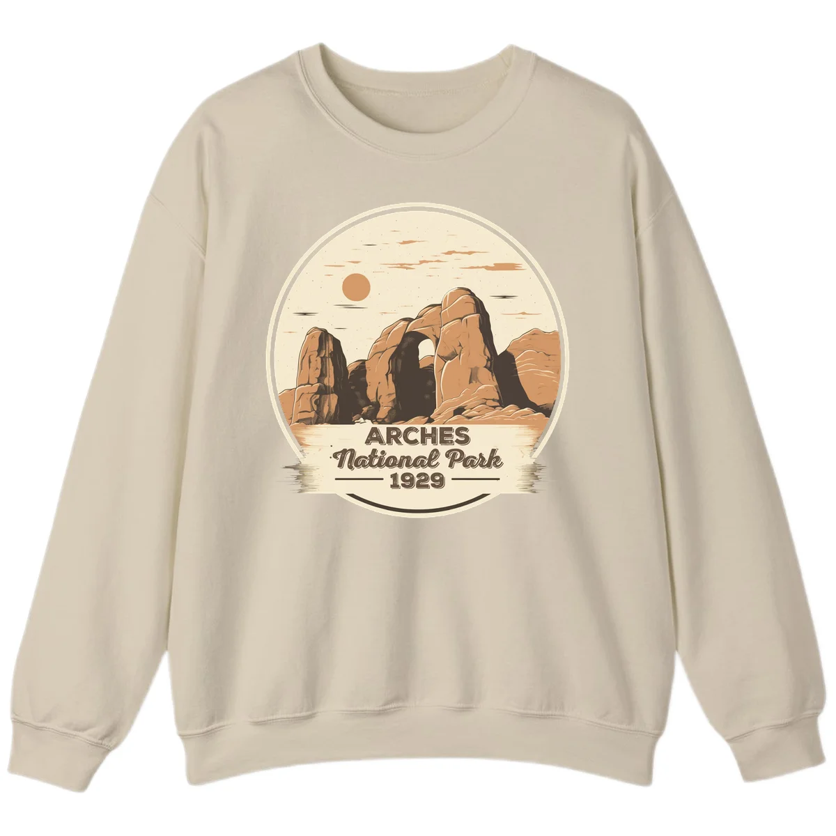 Vintage Arches National Park 1929 badge illustration with iconic natural arch rock formation in desert landscape in Sand