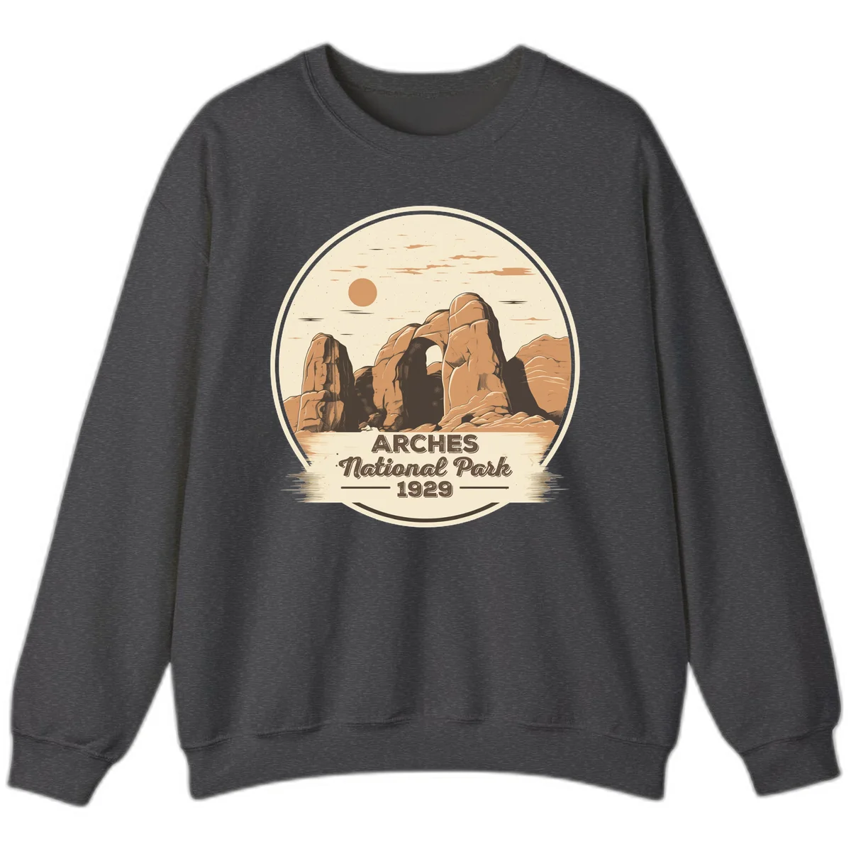 Vintage Arches National Park 1929 badge illustration with iconic natural arch rock formation in desert landscape in Dark Heather