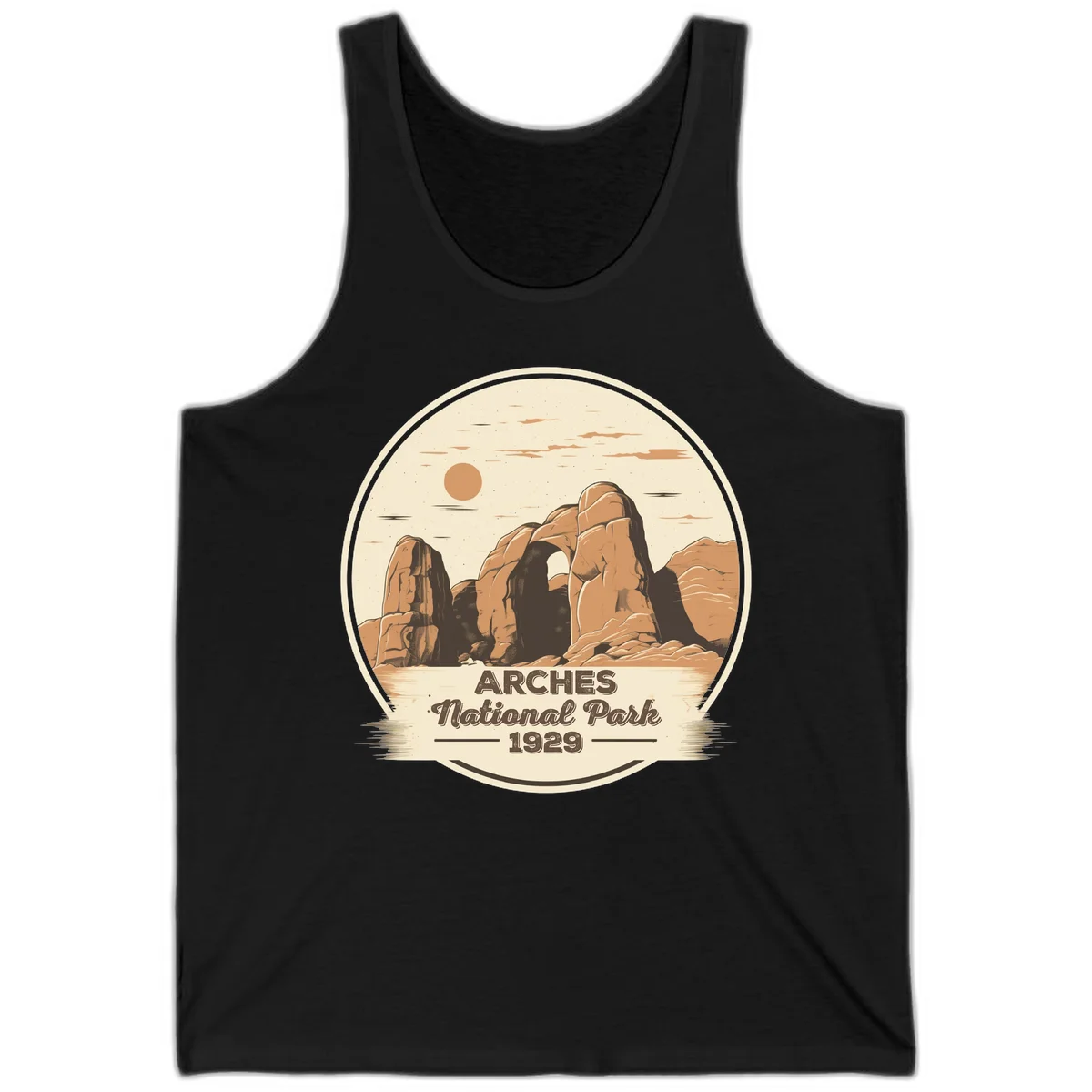 Vintage Arches National Park 1929 badge illustration with iconic natural arch rock formation in desert landscape in Black