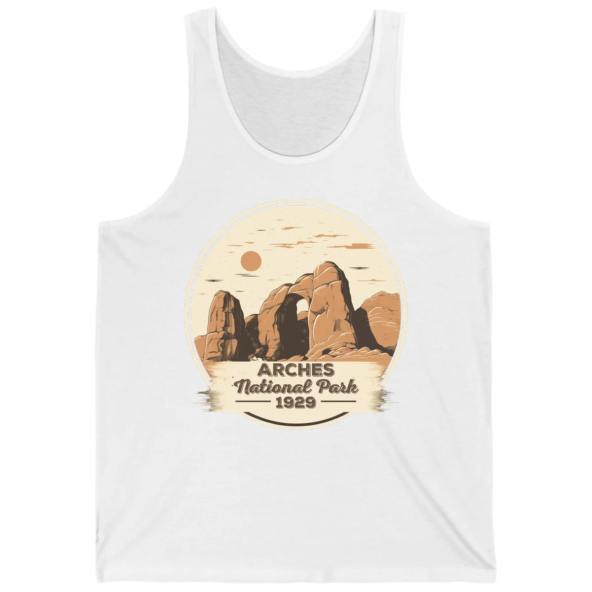 Vintage Arches National Park 1929 badge illustration with iconic natural arch rock formation in desert landscape in White