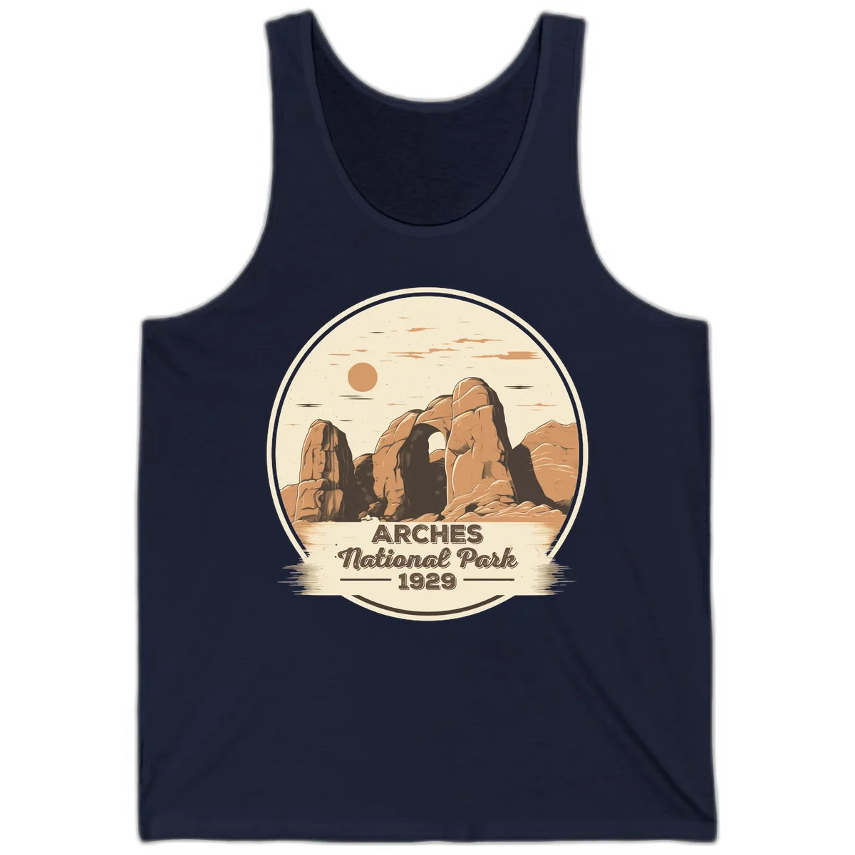 Vintage Arches National Park 1929 badge illustration with iconic natural arch rock formation in desert landscape in Navy