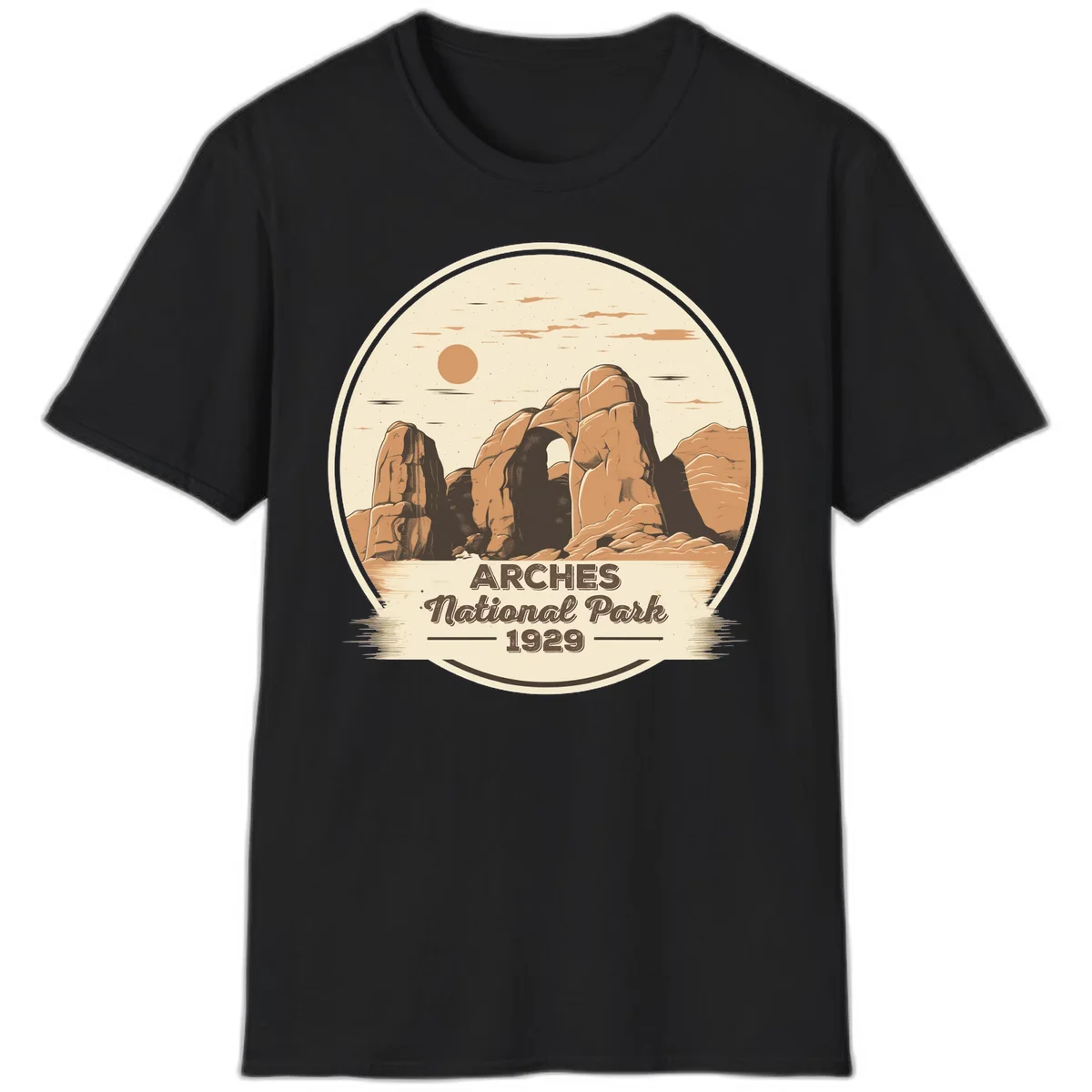Vintage Arches National Park 1929 badge illustration with iconic natural arch rock formation in desert landscape in Black