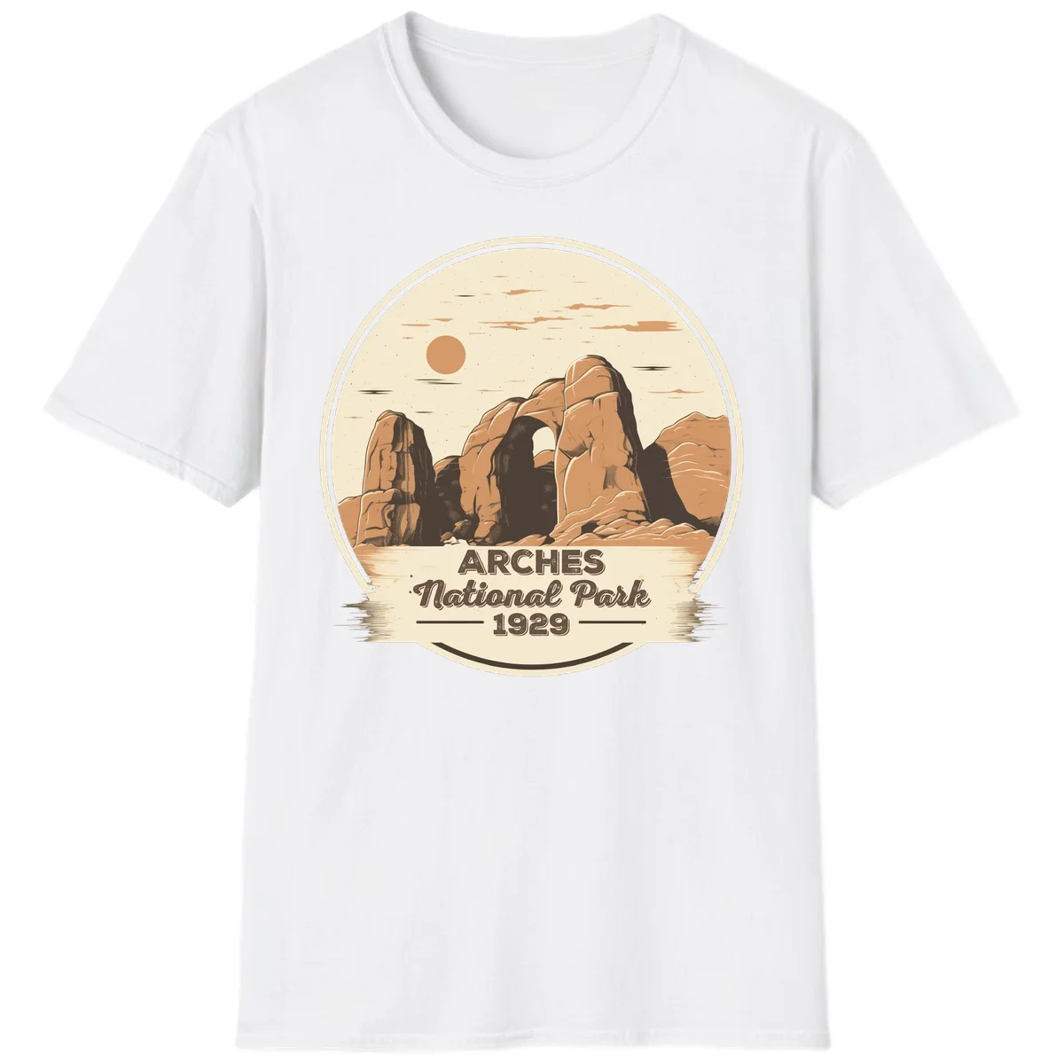 Vintage Arches National Park 1929 badge illustration with iconic natural arch rock formation in desert landscape in White