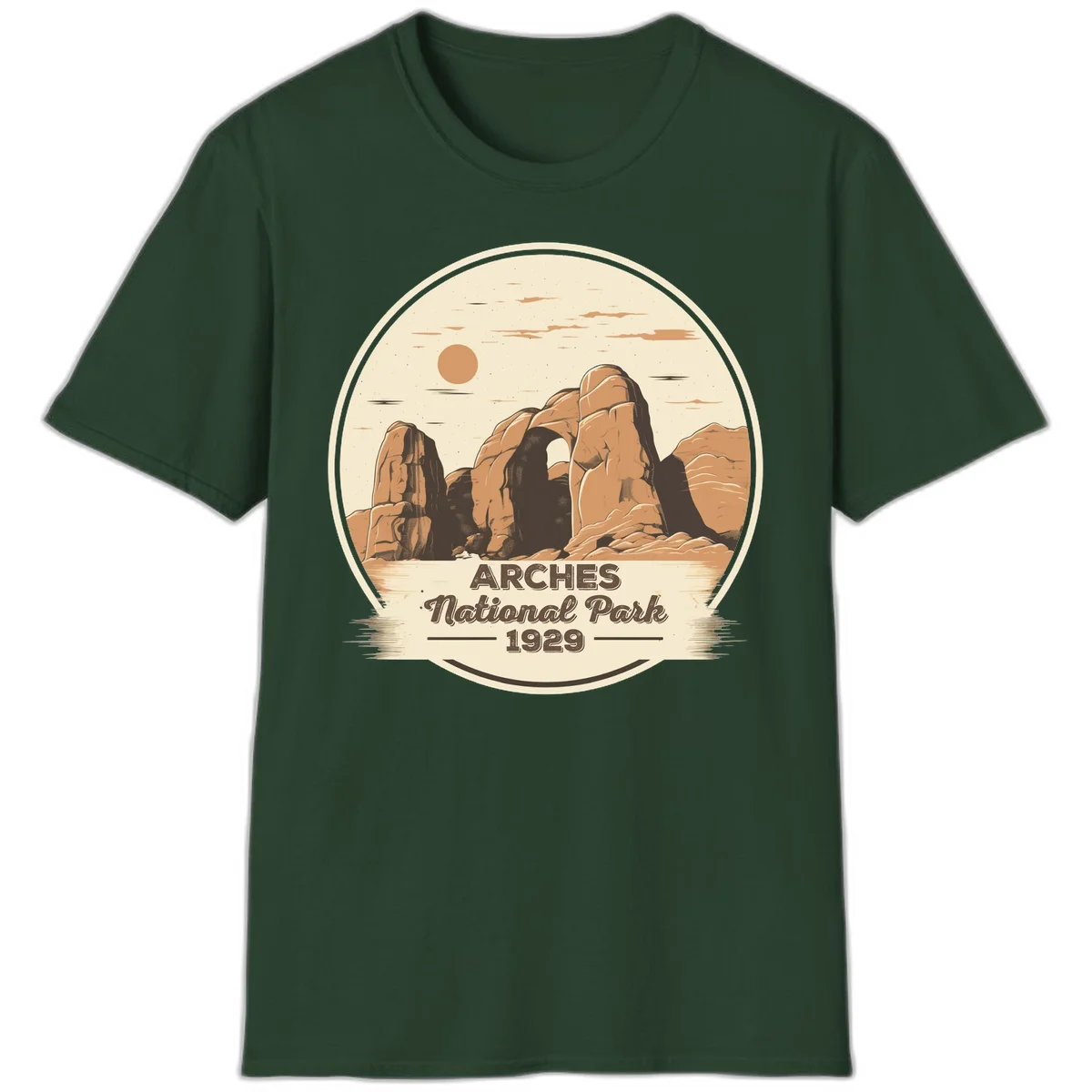 Vintage Arches National Park 1929 badge illustration with iconic natural arch rock formation in desert landscape in Forest Green