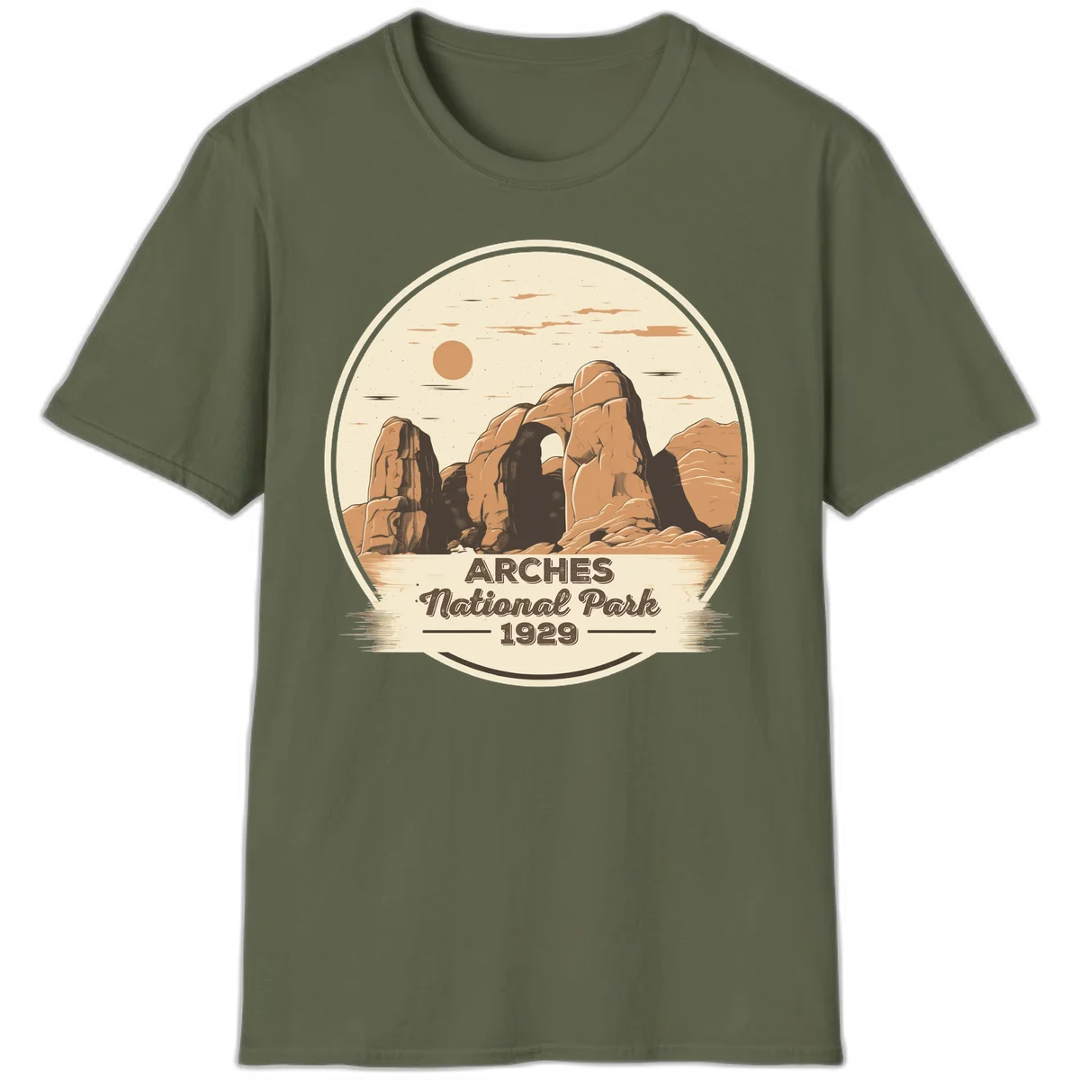 Vintage Arches National Park 1929 badge illustration with iconic natural arch rock formation in desert landscape in Military Green