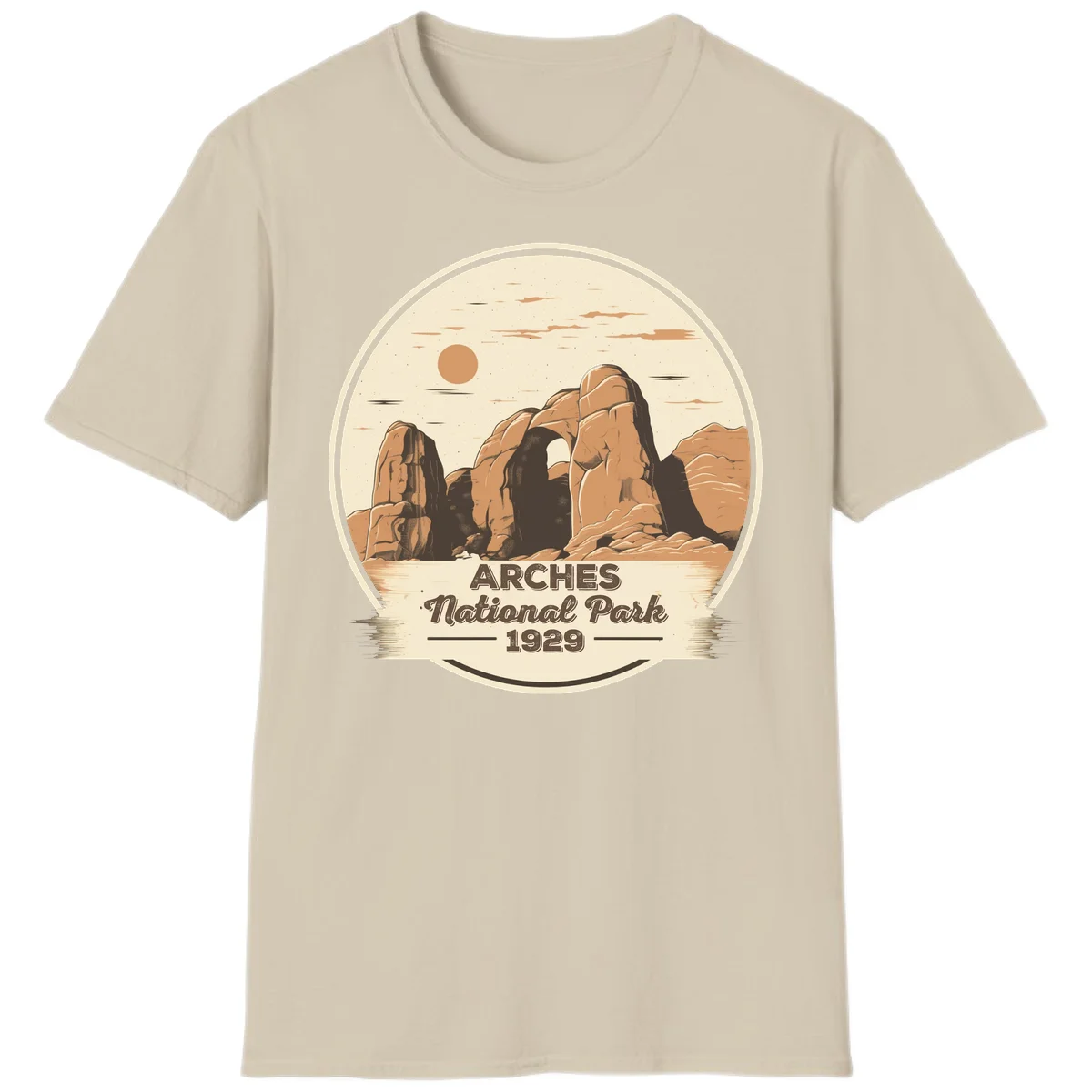 Vintage Arches National Park 1929 badge illustration with iconic natural arch rock formation in desert landscape in Sand