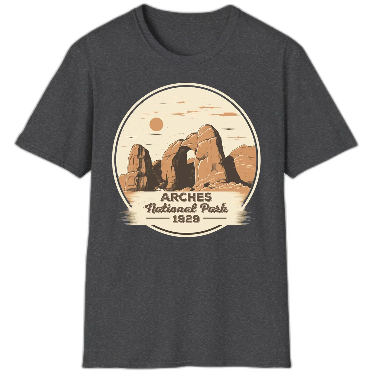 Vintage Arches National Park 1929 badge illustration with iconic natural arch rock formation in desert landscape in Dark Heather