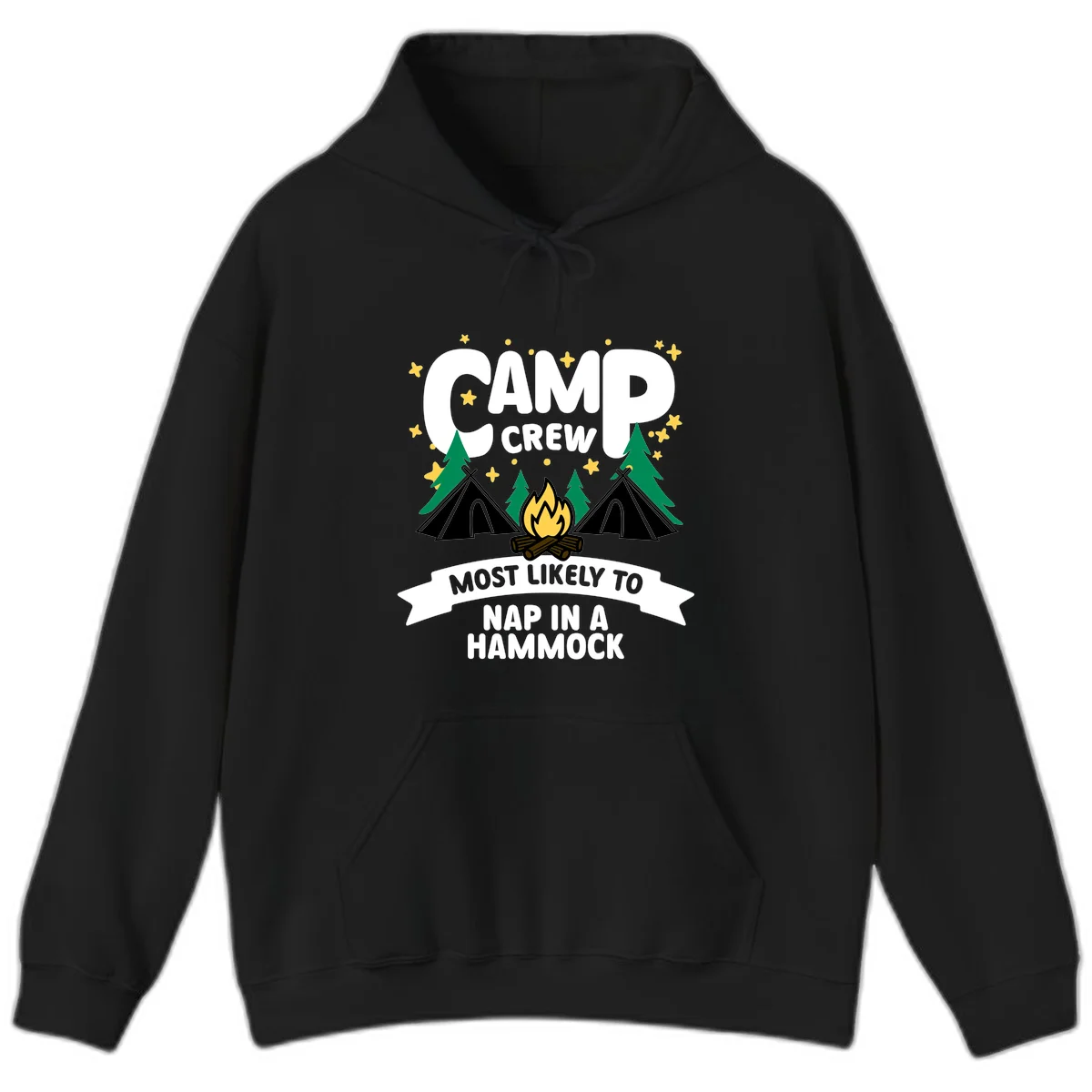 Camp crew design with teepees, campfire, and stars featuring text 'Most Likely To Nap In A Hammock' in Black