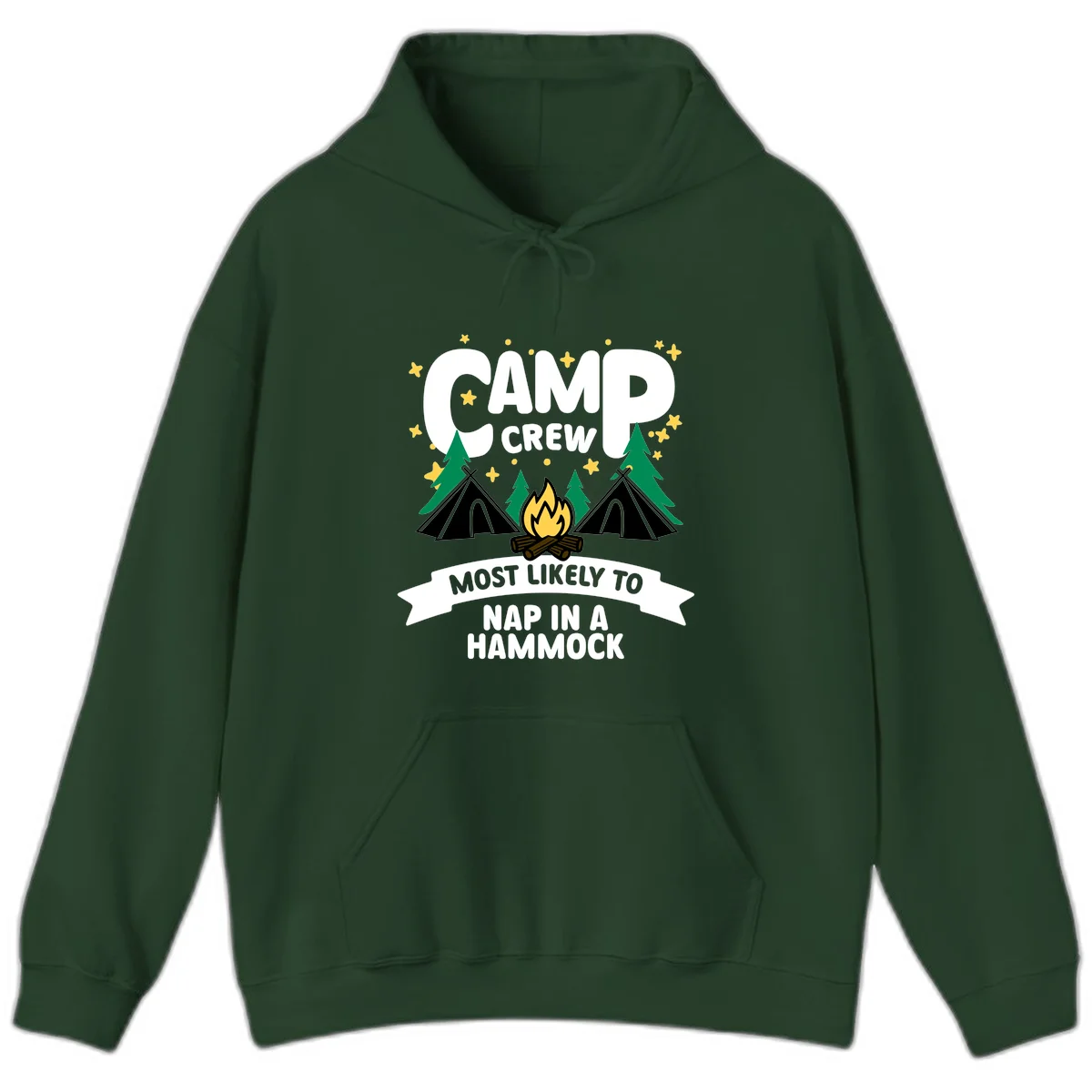 Camp crew design with teepees, campfire, and stars featuring text 'Most Likely To Nap In A Hammock' in Forest Green