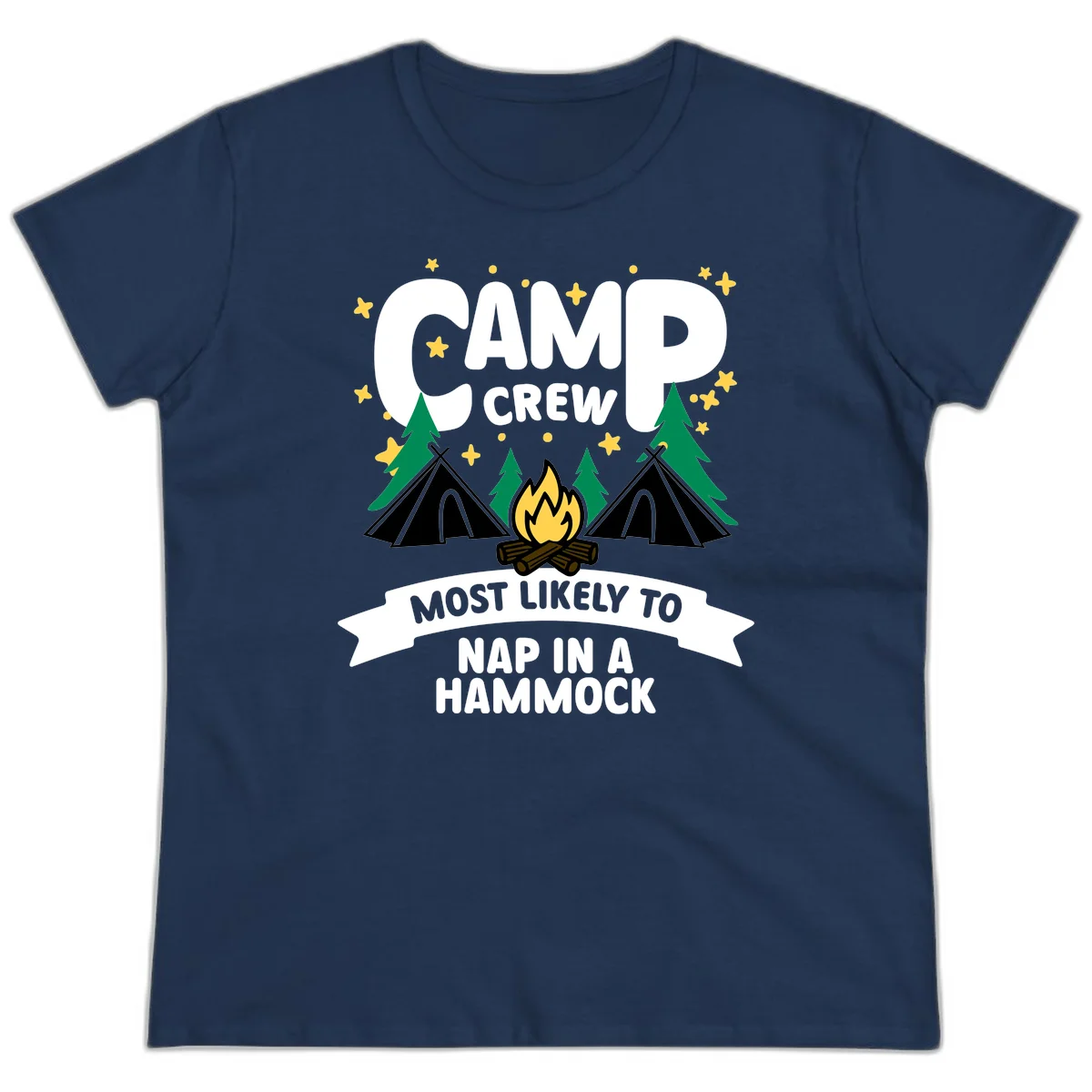 Camp crew design with teepees, campfire, and stars featuring text 'Most Likely To Nap In A Hammock' in Navy