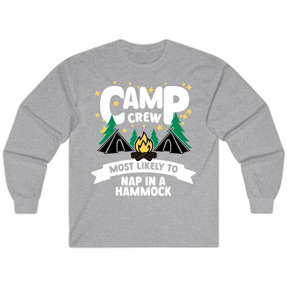 Camp crew design with teepees, campfire, and stars featuring text 'Most Likely To Nap In A Hammock' in Sport Grey