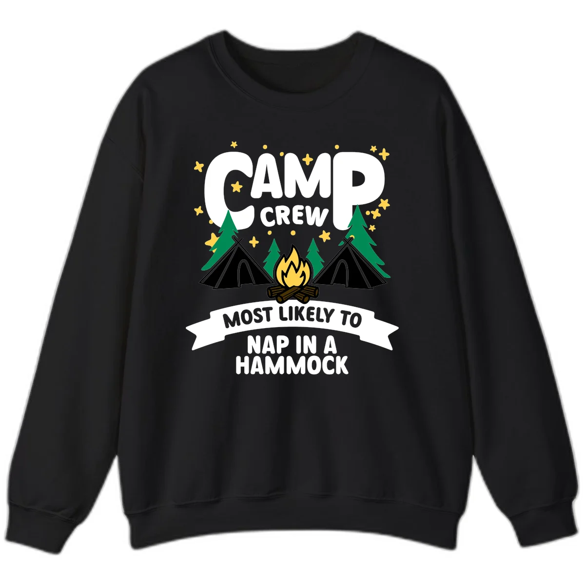 Camp crew design with teepees, campfire, and stars featuring text 'Most Likely To Nap In A Hammock' in Black