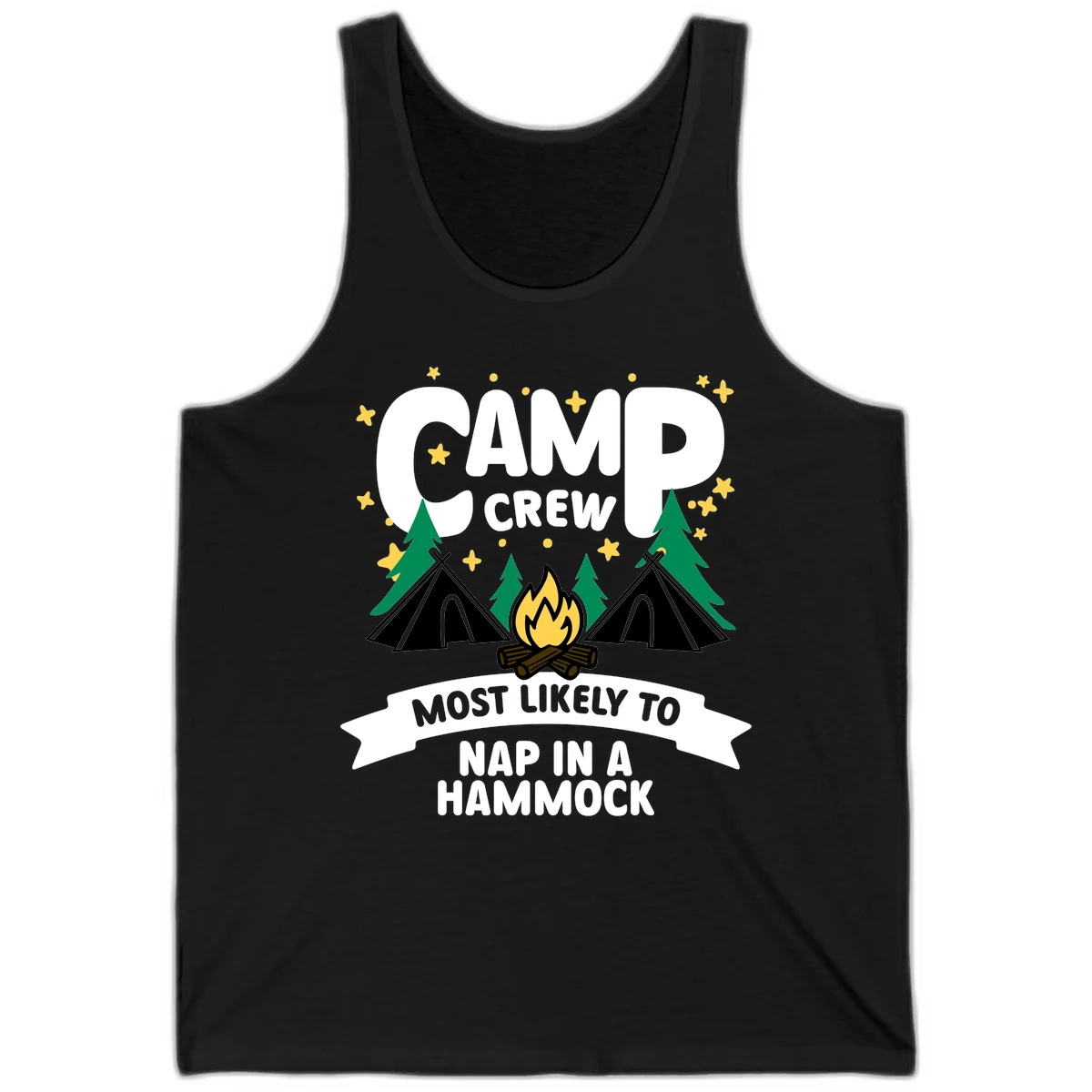 Camp crew design with teepees, campfire, and stars featuring text 'Most Likely To Nap In A Hammock' in Black